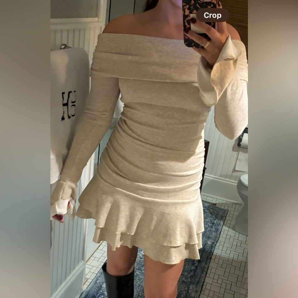 Cream Ruffle Off the shoulder long sleeve dress